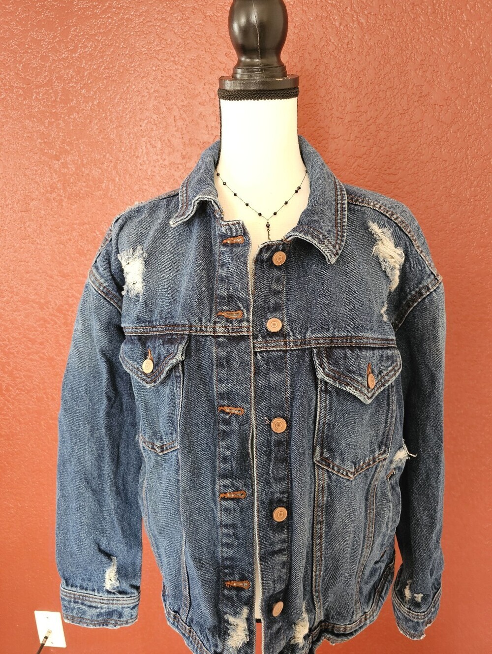 Celebrity Pink Dark Blue Distressed Denim Jacket - Picture 3 of 9